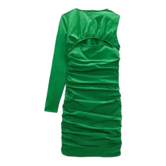 Zara emerald green asymmetrical side shirred ruching open back dress. Size large - Picture 6 of 12